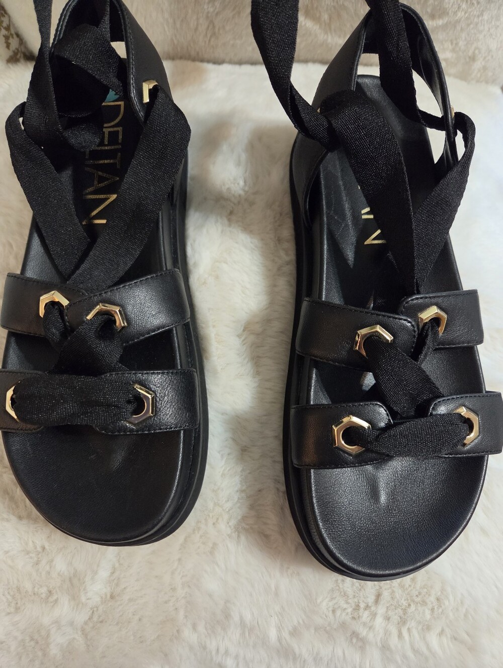Sleek Black Deltan Leather Platform Lace-Up Gladiator Sandals.  Women's Sz 7 1/2 - Picture 8 of 10